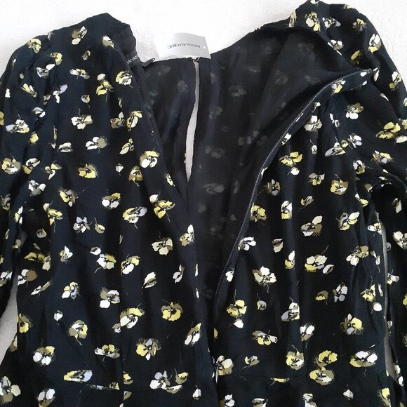 Banana Republic NWT Women's Size 10P Black Yellow Floral Puff-Sleeve Mini Dress - Picture 9 of 13